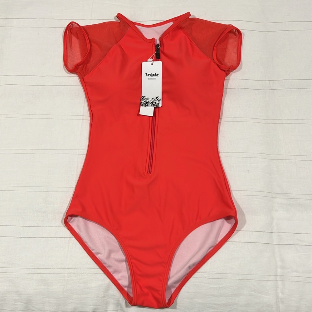 Coral/Pink Swimsuit One Piece Mesh Cap Sleeves Front Zipper Built In Bra - Picture 3 of 12
